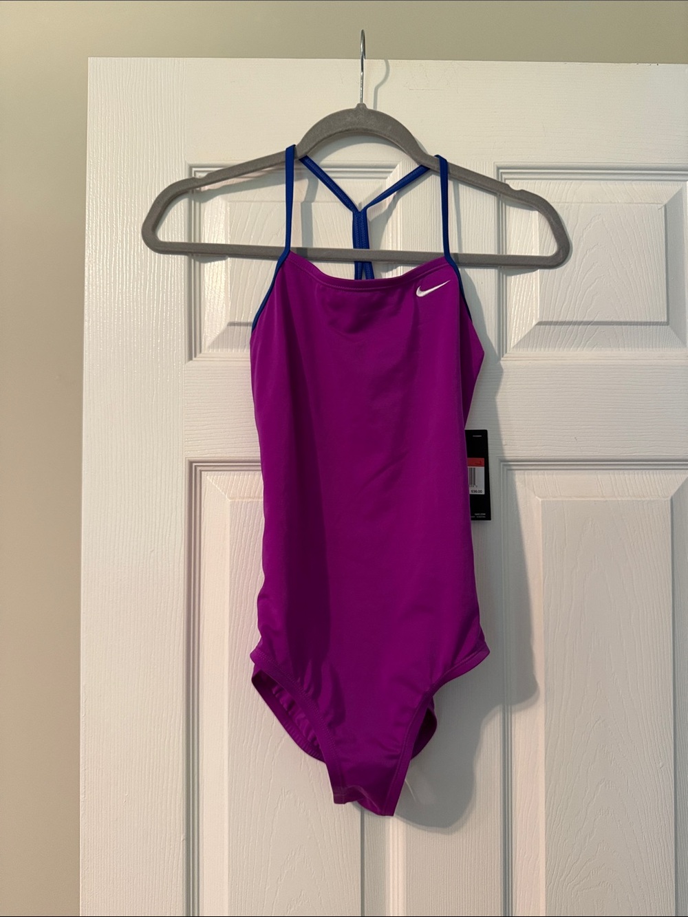 Nike Purple One-Piece Swimsuit with Blue Straps and White Swoosh